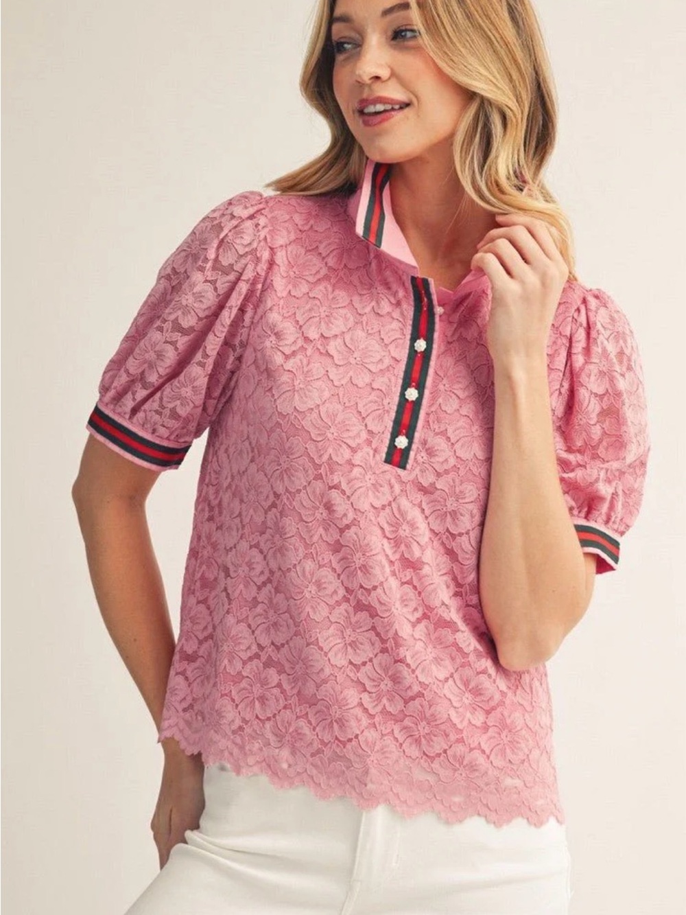 Jodifl Gucci Girl Top Pink Lace Short-Sleeve Polo Top